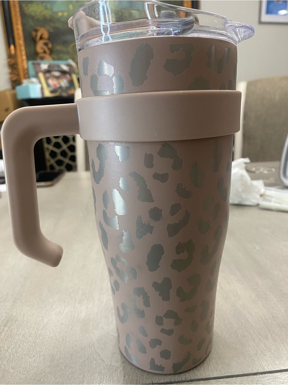 Taupe Leopard Travel Mug with Handle - Insulated Coffee Tumbler